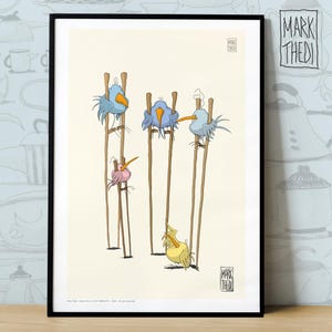 Impresión de edición limitada, Birdies Life © "Stilt Birds", ilustración, arte mural, póster de animales, pájaros de acuarela.