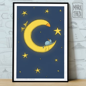 Impresión de edición limitada, Birdies Life © "The Moon", ilustración, arte mural, póster de animales, pájaros en acuarela.