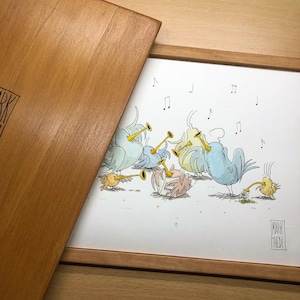 Original Watercolor - Birdies Life © " Choir 2024  " Bird Illustration,SPECIAL WOODEN PACKAGING
