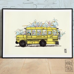 Birdies Life © "On the Bus", impresión de edición limitada, ilustración, arte mural, póster de animales, pájaros en acuarela.