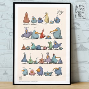 Impresión de edición limitada, Birdies Life © "Pájaros alineados", ilustración, arte mural, póster de animales, pájaros de acuarela.