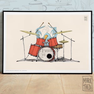 Impresión de edición limitada, Birdies Life © "The Drummer", ilustración, arte mural, póster de animales, pájaros en acuarela.