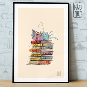 Birdies Life © "Leyendo un libro", impresión de edición limitada, ilustración, arte mural, póster de animales, pájaros de acuarela.
