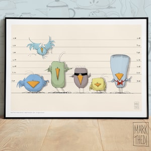 Birdies Life © "The Usual Suspects", impresión de edición limitada, ilustración, arte mural, póster de animales, pájaros de acuarela.