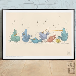 Impresión de edición limitada, Birdies Life © "Dancing", ilustración, arte mural, póster de animales, pájaros de acuarela.