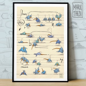 Birdies Life © "Partitura musical", impresión de edición limitada, ilustración, arte mural, póster de animales, pájaros en acuarela.