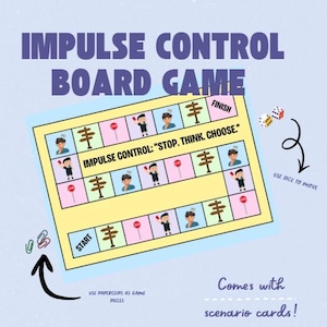 Puede incluir: Un juego de mesa titulado "Impulse Control Board Game" con el texto "Stop. Think. Choose." El tablero del juego es amarillo con ilustraciones de personas y señales de stop. Incluye dados, clips y tarjetas de escenario.