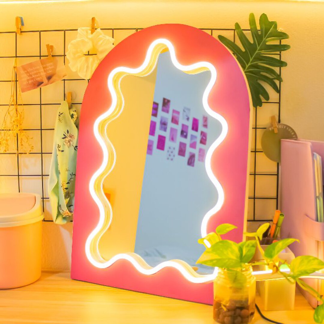 Wavy Wooden Neon Mirror, Glowing Desk Mirror , Light up Mirror for