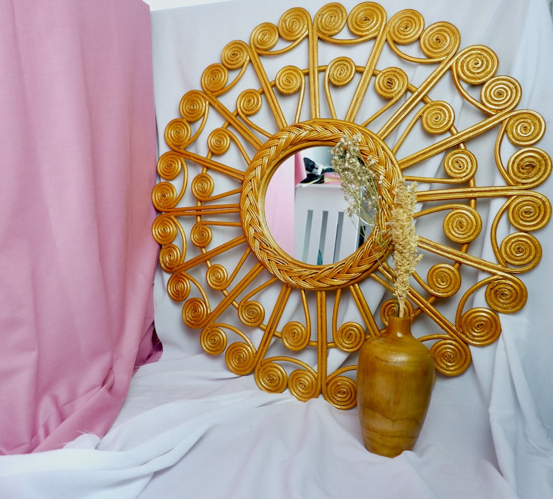 Gold Round Rattan Mirror Round Gold Mirror Boho Style Decor Etsy