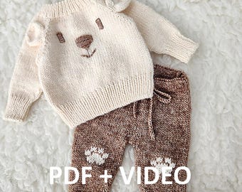 初心者向け編み物パターンセット（動画チュートリアル付き）。赤ちゃんと子供向けのクマのセーターとパンツの編み物パターン（新生児から6歳まで） - 英語