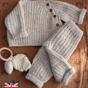 Patrón de punto para bebé (0-6 años): Conjunto de chaqueta y pantalón. Video Tutorial y PDF en inglés. Tejido a dos agujas para niño y niña.