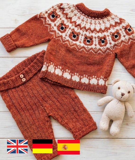 Patrón Conjunto de Punto Bebé: Jersey Oso y Pantalón, Recién Nacido a 6 Años, PDF en Español, Inglés y Alemán, DIY Canastilla