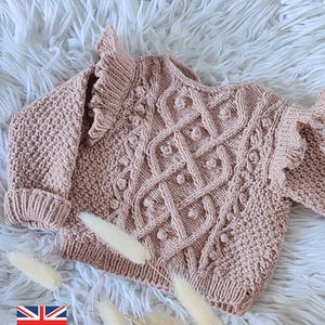 Cable Knit Sweater Pattern for Girls, Intermediate Knit Pullover, Newborn to 10 Years