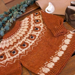 Puede incluir: Jersey de beb&eacute; de punto color &oacute;xido con un estampado geom&eacute;trico crema y negro. El jersey se exhibe sobre una superficie de madera con un chupete, un babero y un par de zapatos de beb&eacute; de ante marr&oacute;n.