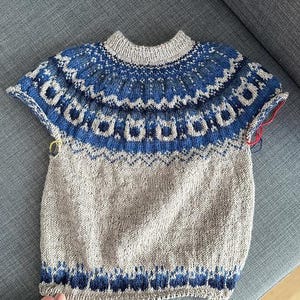 Puede incluir: Jersey de manga corta tejido a mano en tonos azules, grises y beige. El canes&uacute; presenta un detallado patr&oacute;n geom&eacute;trico en azul y gris. El cuerpo del jersey es de color beige liso, con un borde con estampado azul en la parte inferior.