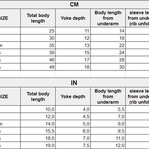 Puede incluir: Una tabla de tallas de ropa para beb&eacute;s y ni&ntilde;os peque&ntilde;os, que muestra las medidas en cent&iacute;metros (CM) y pulgadas (IN). La tabla incluye tallas de 0-3 meses a 5-6 a&ntilde;os, con medidas de largo total del cuerpo, profundidad de la sisa, largo del cuerpo desde la axila y largo de la manga.