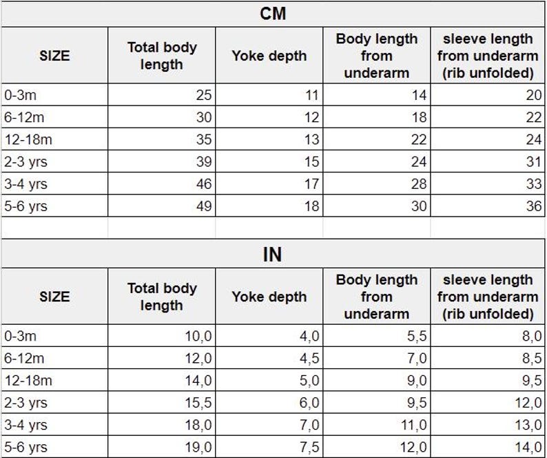 Puede incluir: Una tabla de tallas de ropa para beb&eacute;s y ni&ntilde;os peque&ntilde;os, que muestra las medidas en cent&iacute;metros (CM) y pulgadas (IN). La tabla incluye tallas de 0-3 meses a 5-6 a&ntilde;os, con medidas de largo total del cuerpo, profundidad de la sisa, largo del cuerpo desde la axila y largo de la manga.
