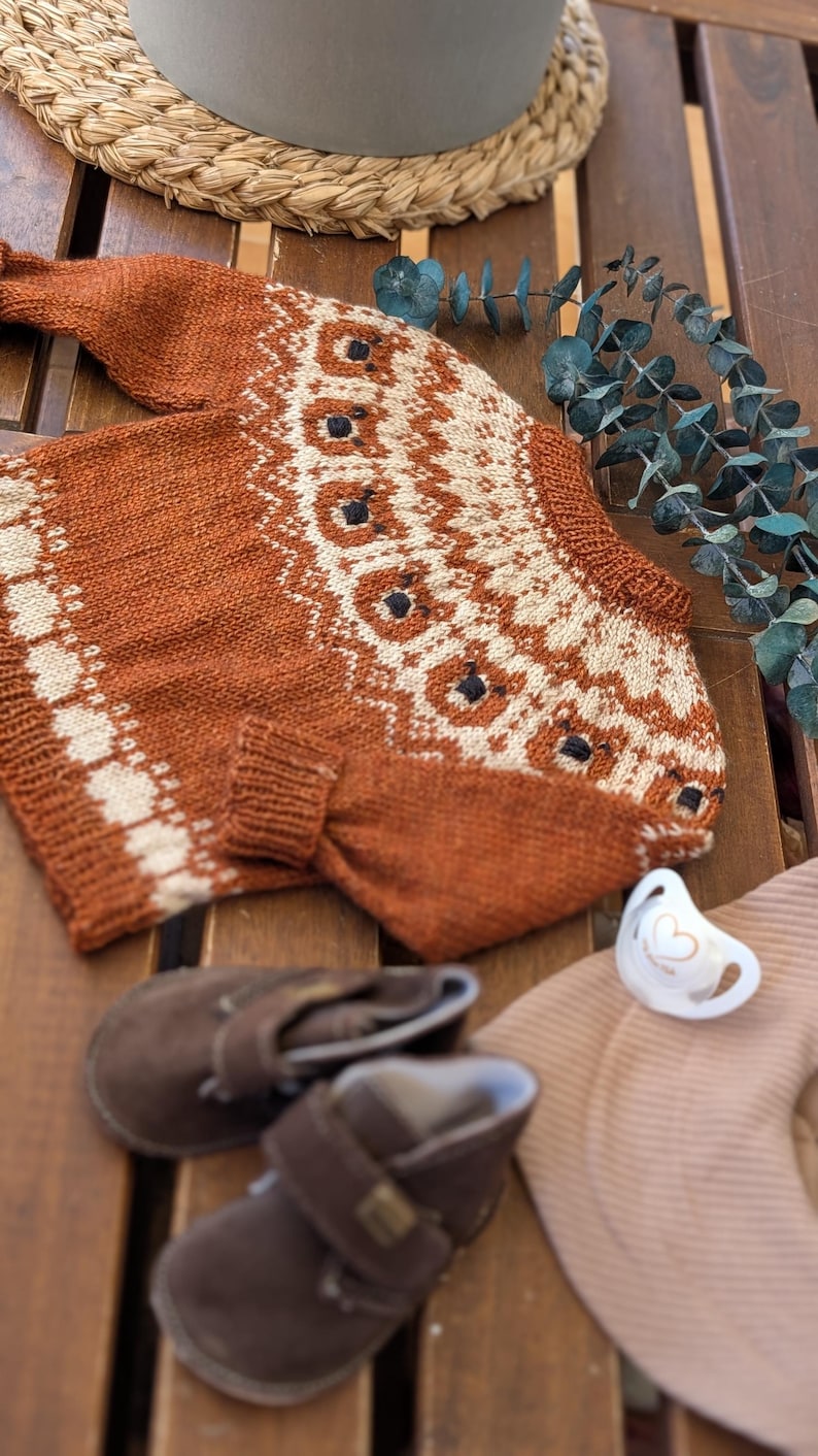 Puede incluir: Un su&eacute;ter de beb&eacute; tejido de color &oacute;xido con un patr&oacute;n geom&eacute;trico crema y negro. La imagen tambi&eacute;n muestra zapatos de beb&eacute; marrones, un chupete y un sombrero beige, todo dispuesto sobre una superficie de madera. El su&eacute;ter tiene mangas largas y cuello redondo.