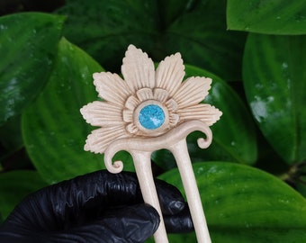 Hand Carved Floral Hair Pin | Crocodile Wood Flower Hair fork | Bun holder stick