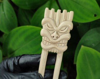 Hand Carved Tiki Hair Fork: Crocodile Wood Hair Pin | Bun holder stick Accessory