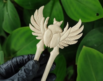 Hand Carved Crocodile Wood Scarab Hair Stick - Egyptian Hair Fork | Bun holder