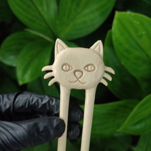 Cat Hair pin Hair fork Hair stick | Wood Cat Hair stick | Hand carved Cat hair fork | Hair pin | Animal Hair Accessories | Gift for her