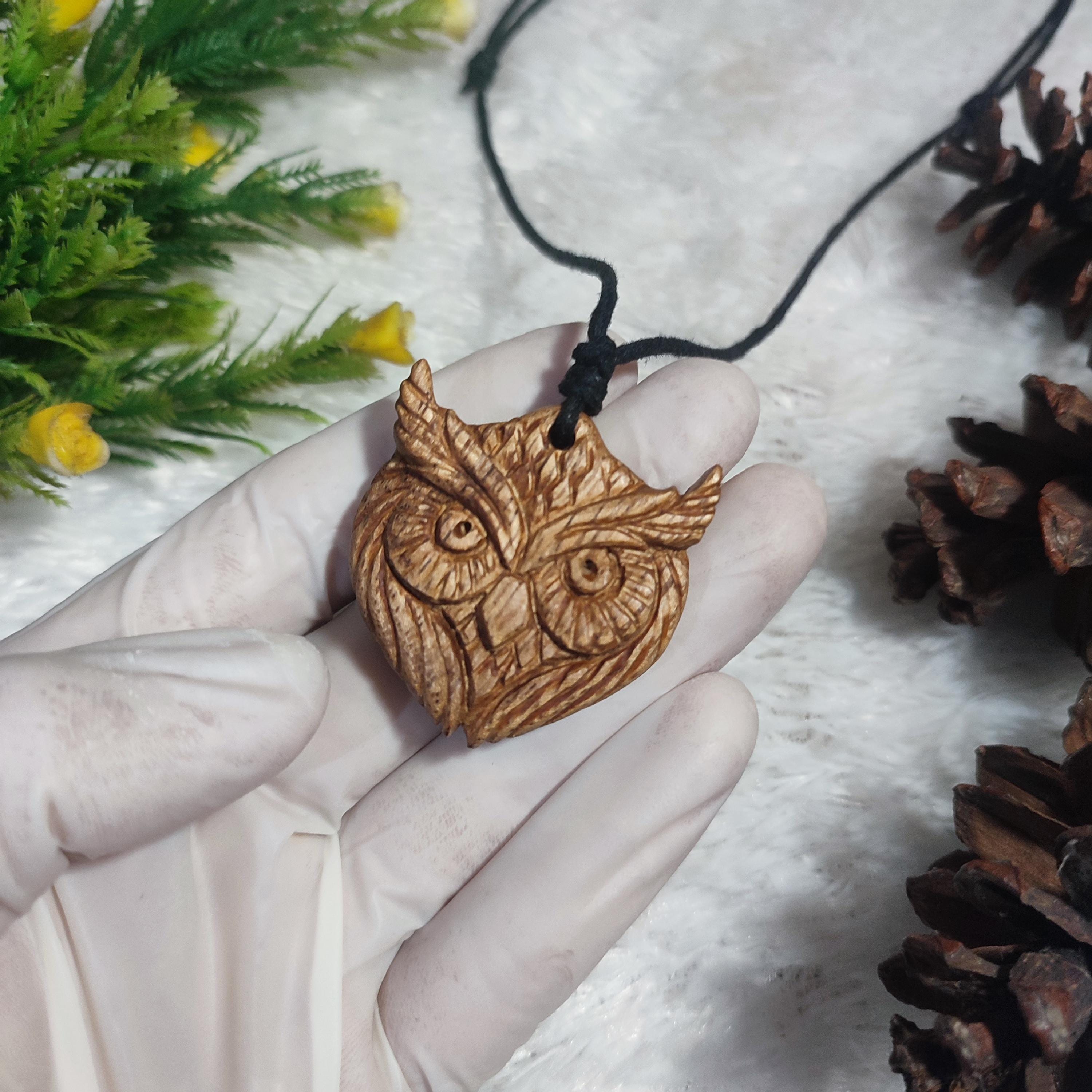 Hand Carved Suar Wood Owl Pendant Necklace: Rustic Boho Jewelry