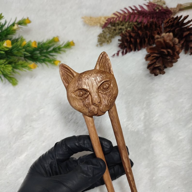 Hand Carved Wooden Cat Hair Fork Hair Pin Hair Stick Wood Cat Hair