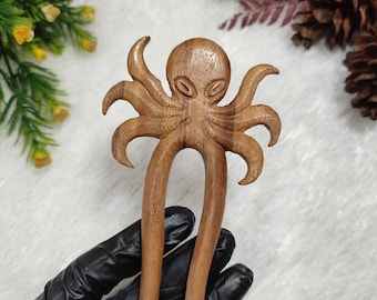 Hand Carved Suar Wood Octopus Hair Fork - Animal Hair Pin | Bun holder stick