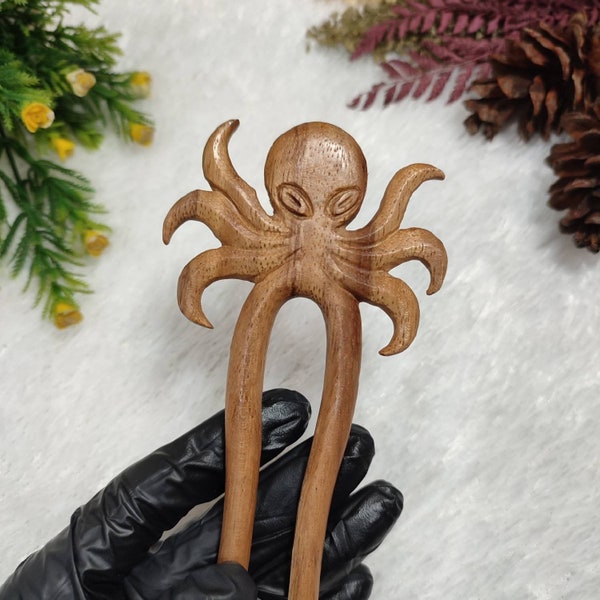 Wood Octopus hair stick | Wood Hair stick Wood Hair pin Hair fork | Hand carved Octopus hair fork  | Animal Hair Accessories | Gift for her
