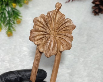 Hand Carved Suar Wood Hair Fork: Hibiscus Flower Hair Pin | Bun holder stick