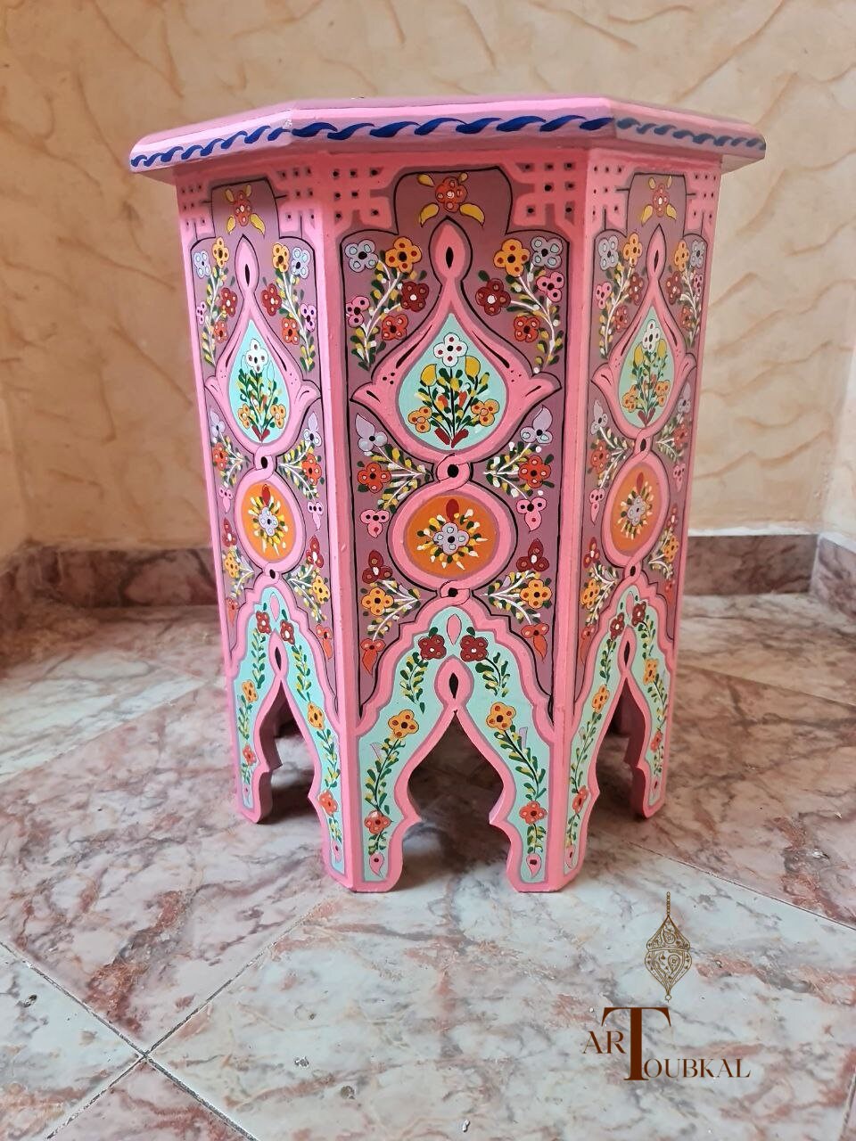 Moroccan Pink Handpainted Table Arabic Furniture Side Etsy