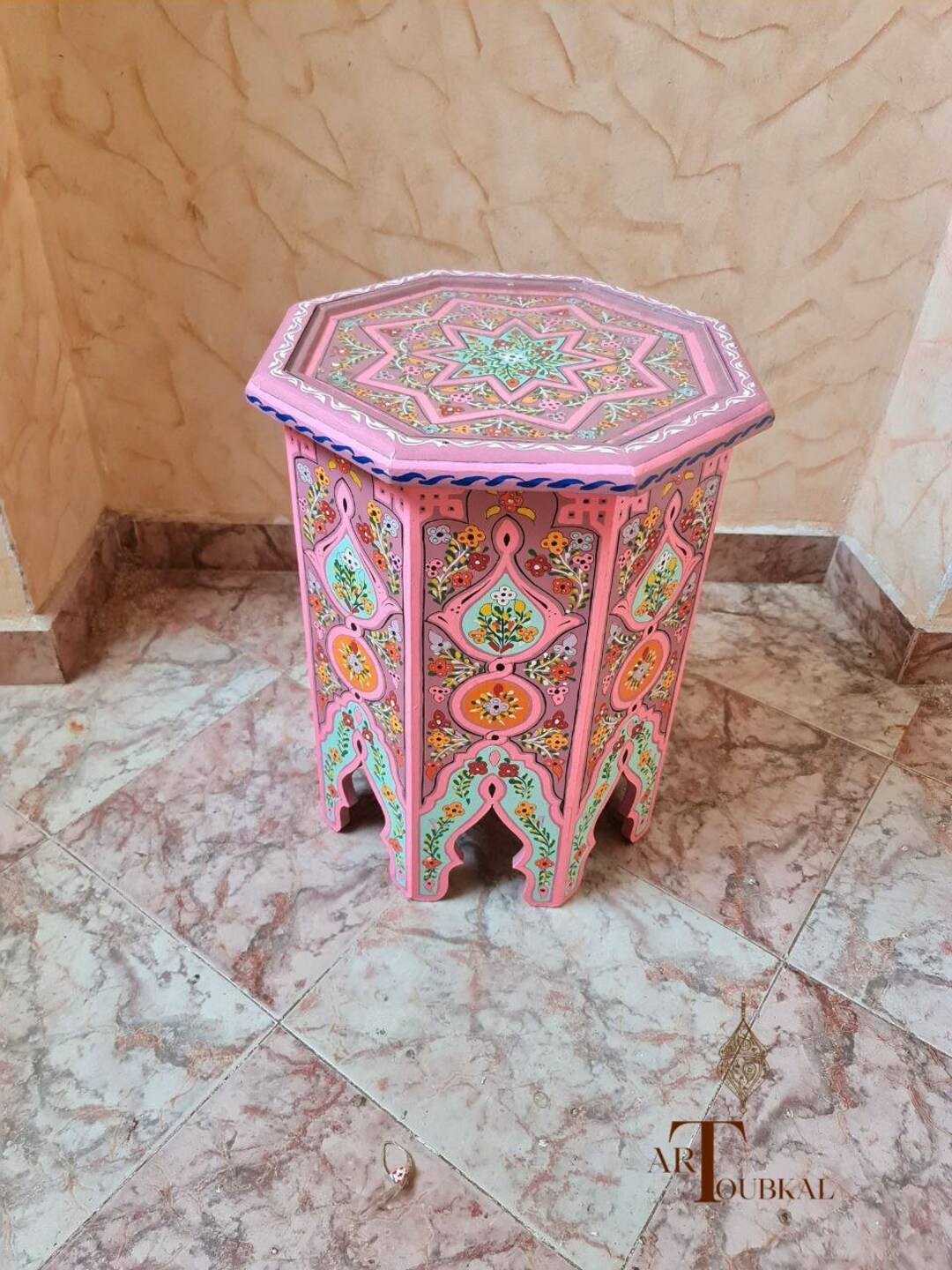 Moroccan Pink Handpainted Table Arabic Furniture Side Etsy