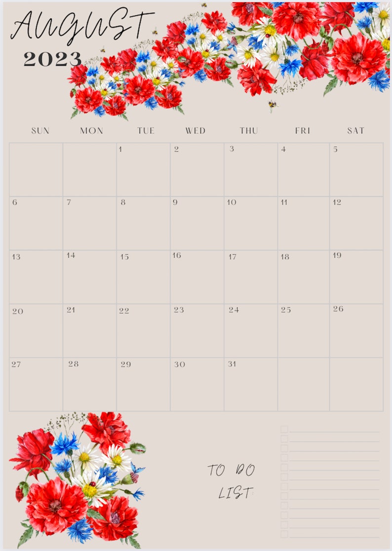 Floral Calendar 2023 and 2024 A4 Printable Monthly Calendar Etsy