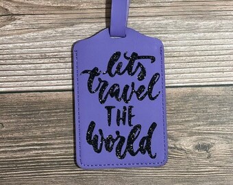 Purple Leather Let's Travel the World luggage tag