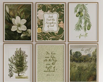 Botanical Prints Wall Art Set, Christian Scripture, Vintage Floral Gallery Wall Decor
