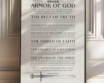 Póster cristiano de oración "La armadura completa de Dios", arte mural imprimible con oración, impresión digital, arte mural bíblico de Efesios 6, decoración cristiana