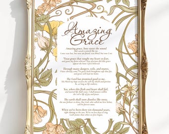 Amazing Grace Wall Art, Hymn Lyrics Scripture Print, Christian Floral Decor, Bible Verse Poster, Faith Gift for Home, Digital Download