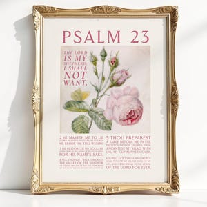 Psalm 23 (KJV) Herren är min herde kristen poster, rosa ros utskrivbar väggkonst, digitalt tryck, bibelväggkonst, rumsdekor, rosa konst