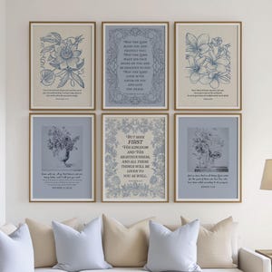 Blue Floral Scripture Wall Art Prints, Botanical Christian Decor (Digital Download Set of 6)