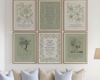 Conjunto de 6 pôsteres com versículos bíblicos em estilo botânico para decoração de parede cristã.