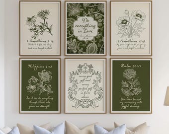 Olive Green Botanical Scripture Art Prints, Christian Wall Decor, Floral Bible Verse Art, Set of 6