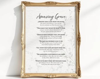 Amazing Grace Lyrics Printable Wall Art, Amazing Grace Decor, Christian Gift for Home, Digital Download, Scripture Art, Christian Decor
