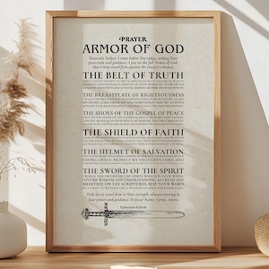 May include: A printable poster with a beige background and black text. The poster features a Christian prayer for the Armor of God, with a sword illustration at the bottom. The text includes the phrase "Armor of God" and the verse "Ephesians 6:10-18".