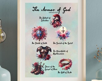 Póster cristiano "La armadura completa de Dios", arte mural imprimible rosa femenino coqueto, impresión digital, arte mural bíblico de Efesios 6, decoración cristiana