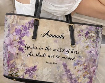 Bolso de hombro de cuero personalizado con diseño floral y versículo bíblico. Bolso de mano con nombre personalizado, regalo con versículo bíblico para mujer, bolso de iglesia.