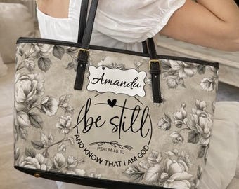 Bolso de mano de cuero con flores personalizado, bolso de hombro con nombre personalizado, disponible en 2 tamaños, regalo cristiano para mujer, bolso floral