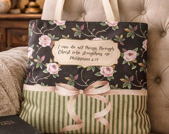 Floral Scripture Tote Bag, Christian Gift, Philippians 4:13, Christian Floral Tote, Faith Gift for Women, Scripture Bag