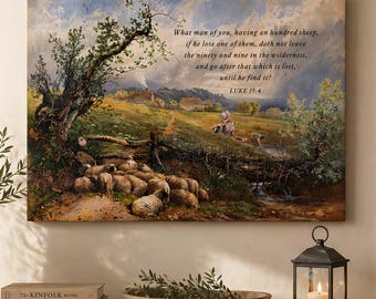 Christian Canvas Wall Art, Lost Sheep Parable Luke 15:4, Shepherd Landscape Painting, Rustic Farmhouse Decor, Bible Verse Wall Art