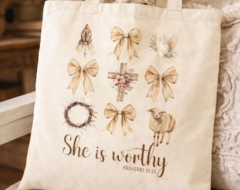 She is Worthy Christian Cotton Tote Bag, Coquette Bows Design, Church Bag, Grocery Tote Bag, Coquette Bows Girly Tote, Christian Girl Bag